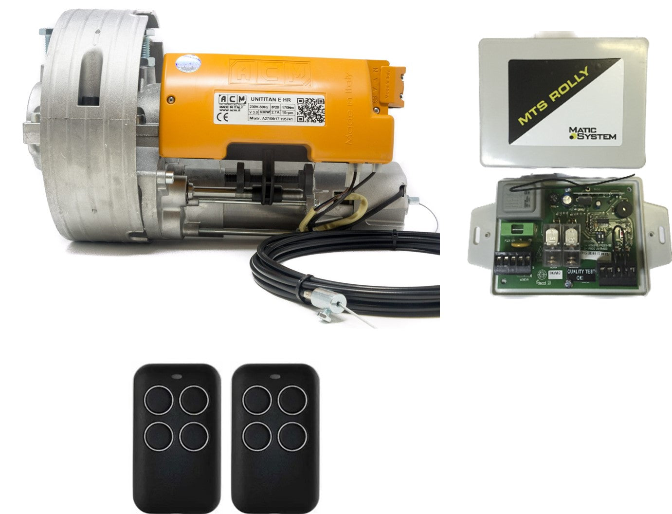 Kit Motor enrollable ACM para puertas enrollables de hasta 180kg. Incluye placa electrónica Rolly y dos mandos. Fiabilidad y fácil instalación.