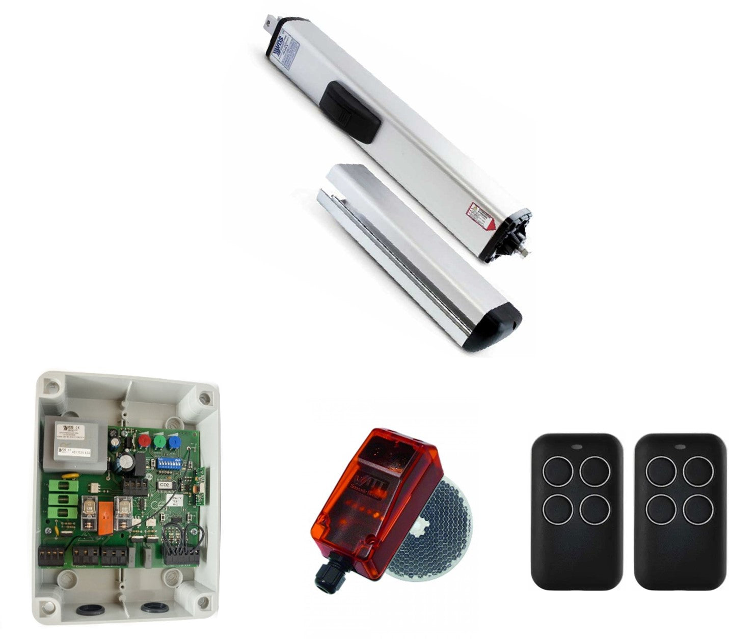 Kit hidráulico para puertas. Uso intensivo. Ideal para puertas de mucho peso o mucho uso como comunidades de vecinos. Incluye placa electrónica de control, fotocélula y dos mandos