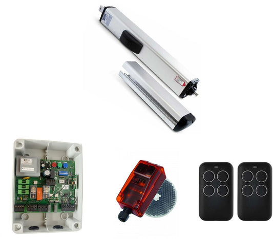 Kit hidráulico para puertas. Uso intensivo. Ideal para puertas de mucho peso o mucho uso como comunidades de vecinos. Incluye placa electrónica de control, fotocélula y dos mandos