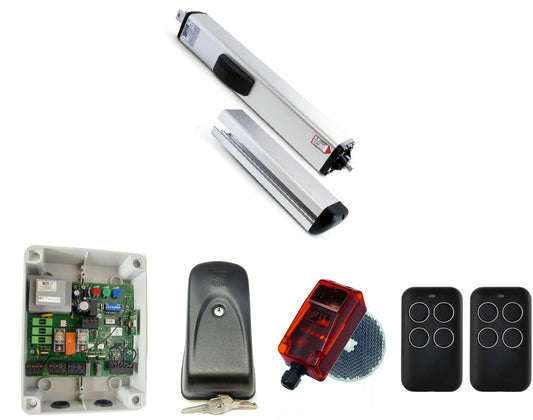 Kit motor hidráulico para puertas. Uso intensivo. Ideal para puertas de mucho peso o mucho uso como comunidades de vecinos. Incluye placa electrónica de control, fotocélula, cerradura eléctrica y dos mandos