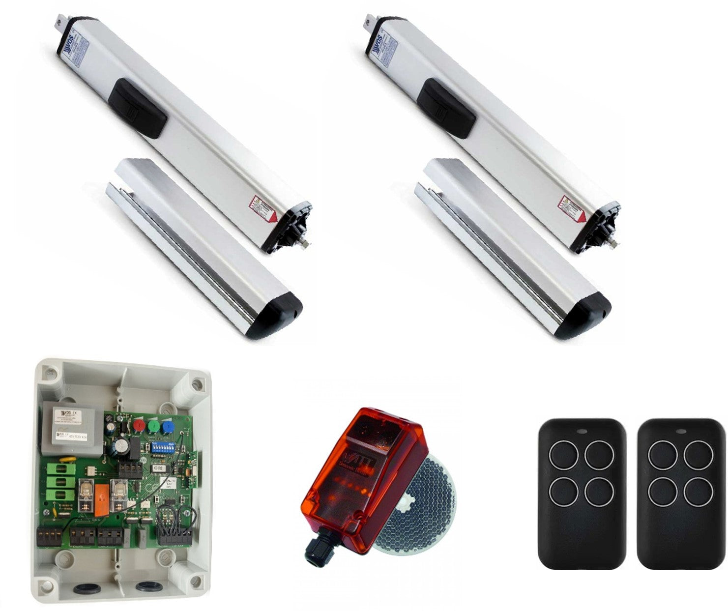 Kit hidráulico para dos puertas. Uso intensivo. Ideal para puertas de mucho peso o mucho uso como comunidades de vecinos. Incluye placa electrónica de control, fotocélula y dos mandos
