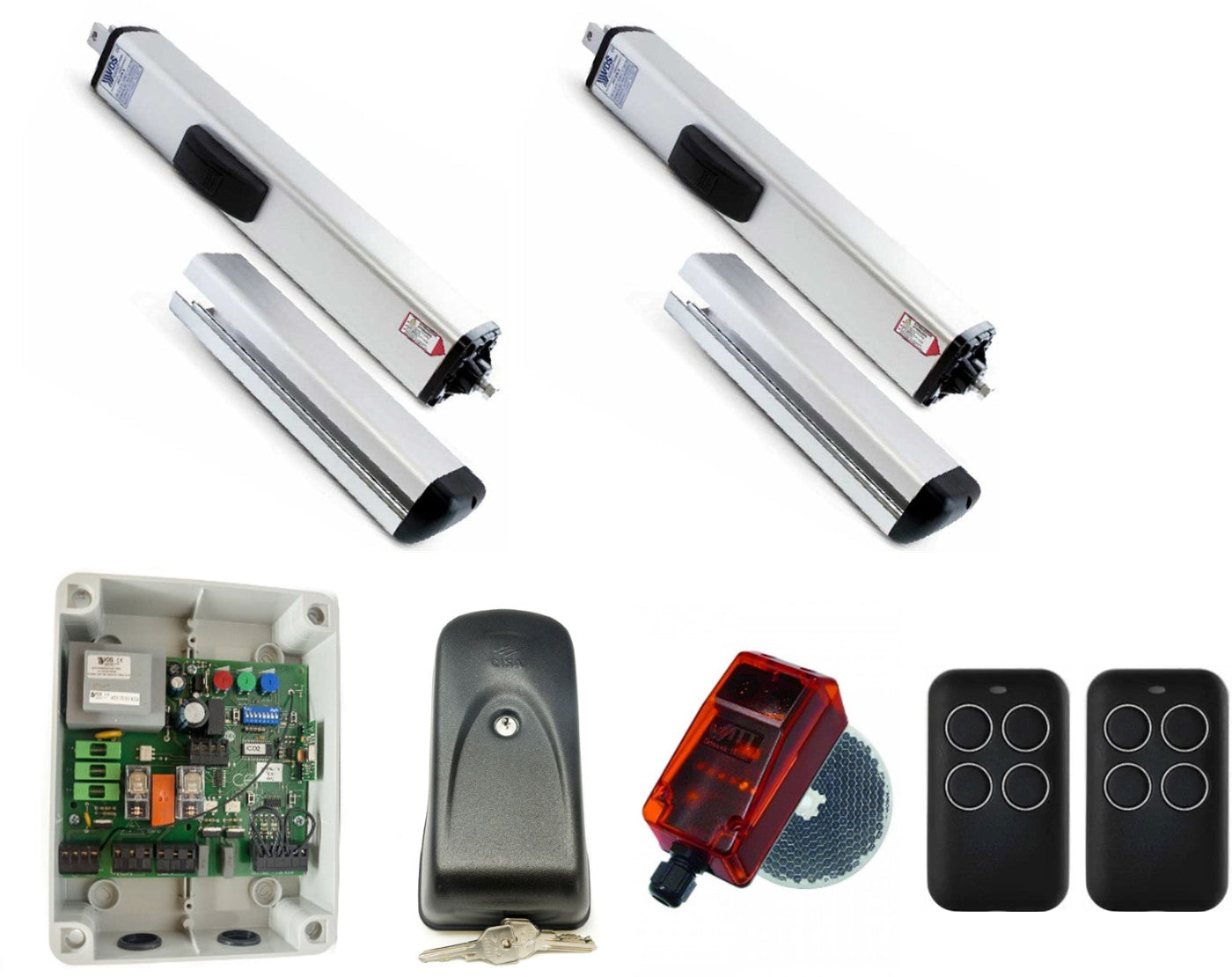 Kit hidráulico para dos puertas. Uso intensivo. Ideal para puertas de mucho peso o mucho uso como comunidades de vecinos. Incluye placa electrónica de control, fotocélula, cerradura eléctrica y dos mandos