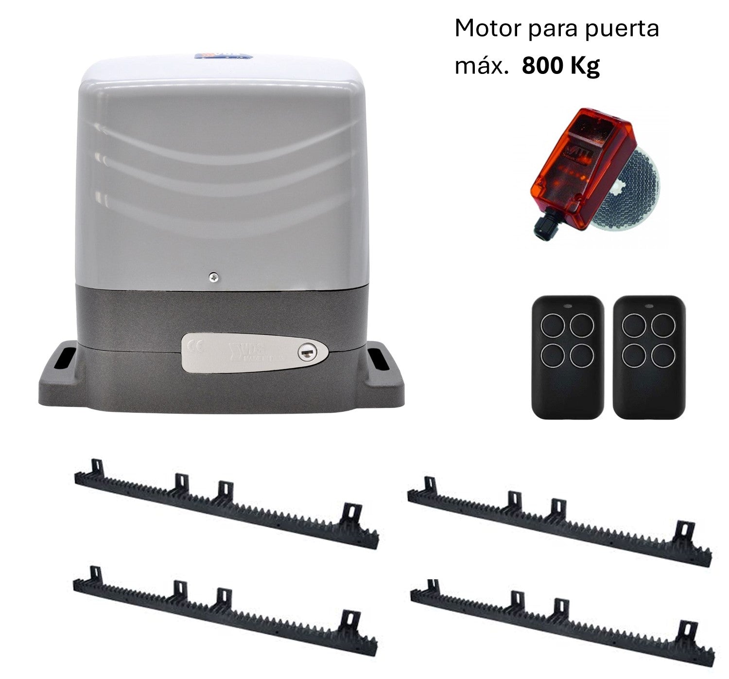 Kit motor para puerta corredera Carrera 800kg, con placa electrónica incorporada, fotocélula, 4 metros de cremallera de nylon y dos mandos