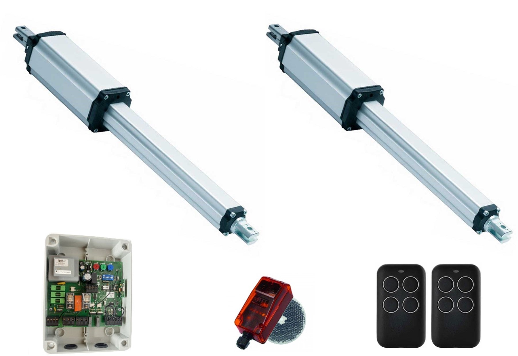 Kit motores cancela batiente para dos puertas con electrónica de control, fotocélua de espejo y dos mandos.