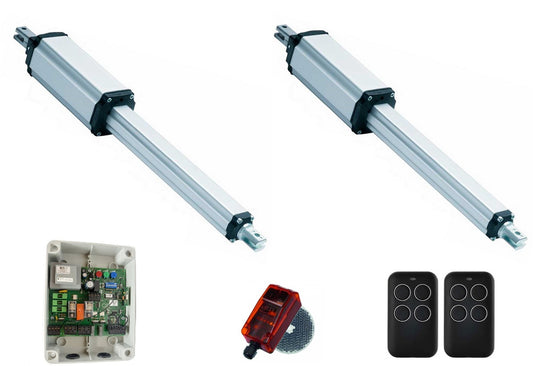 Kit motores cancela batiente para dos puertas con electrónica de control, fotocélua de espejo y dos mandos.