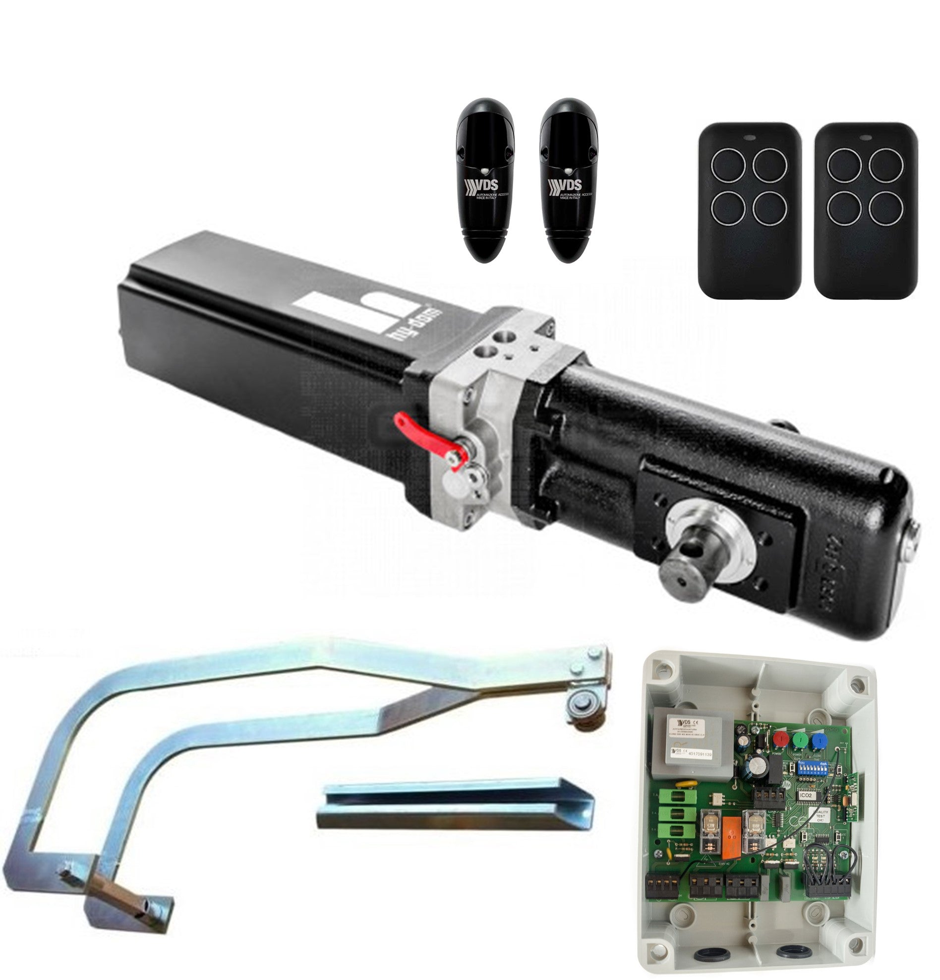 Kit motor basculante hidráulico Minimax para puertas de gran tamaño o comunidades de vecinos. Motor Hidráulico, fotocélula, placa electrónica, herraje tipo saxo y dos mandos.