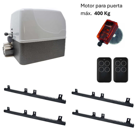 Kit motor para puerta corredera Geko 400kg, con placa electrónica incorporada, fotocélula, 4 metros de cremallera de nylon y dos mandos