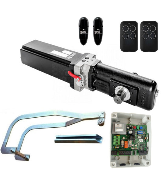 Kit motor basculante hidráulico Minimax para puertas de gran tamaño o comunidades de vecinos. Motor Hidráulico, fotocélula, placa electrónica, herraje tipo saxo y dos mandos.